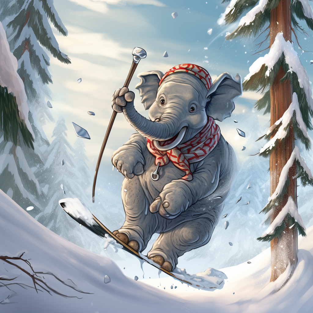 Cartoon elephant skiing crash tree