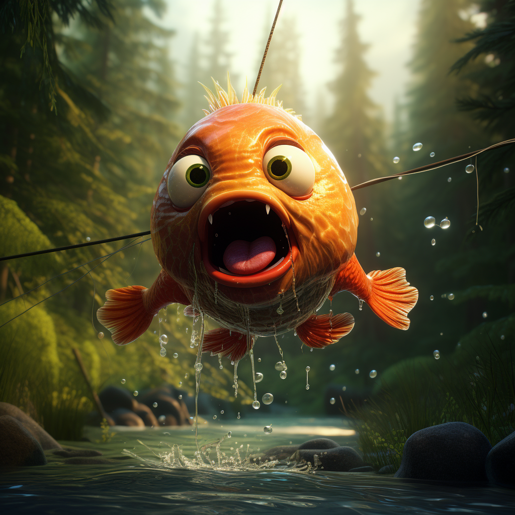 Cute cartoon fish swinging through forest like Spider-man