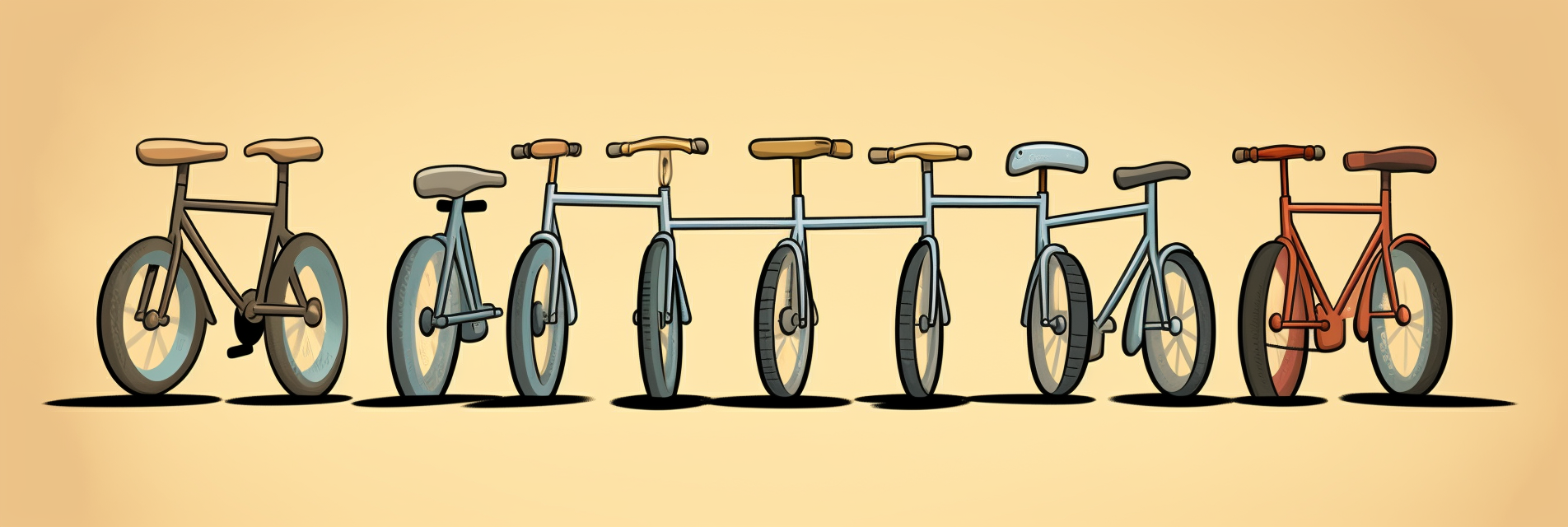 Playful cartoon bicycles in a row