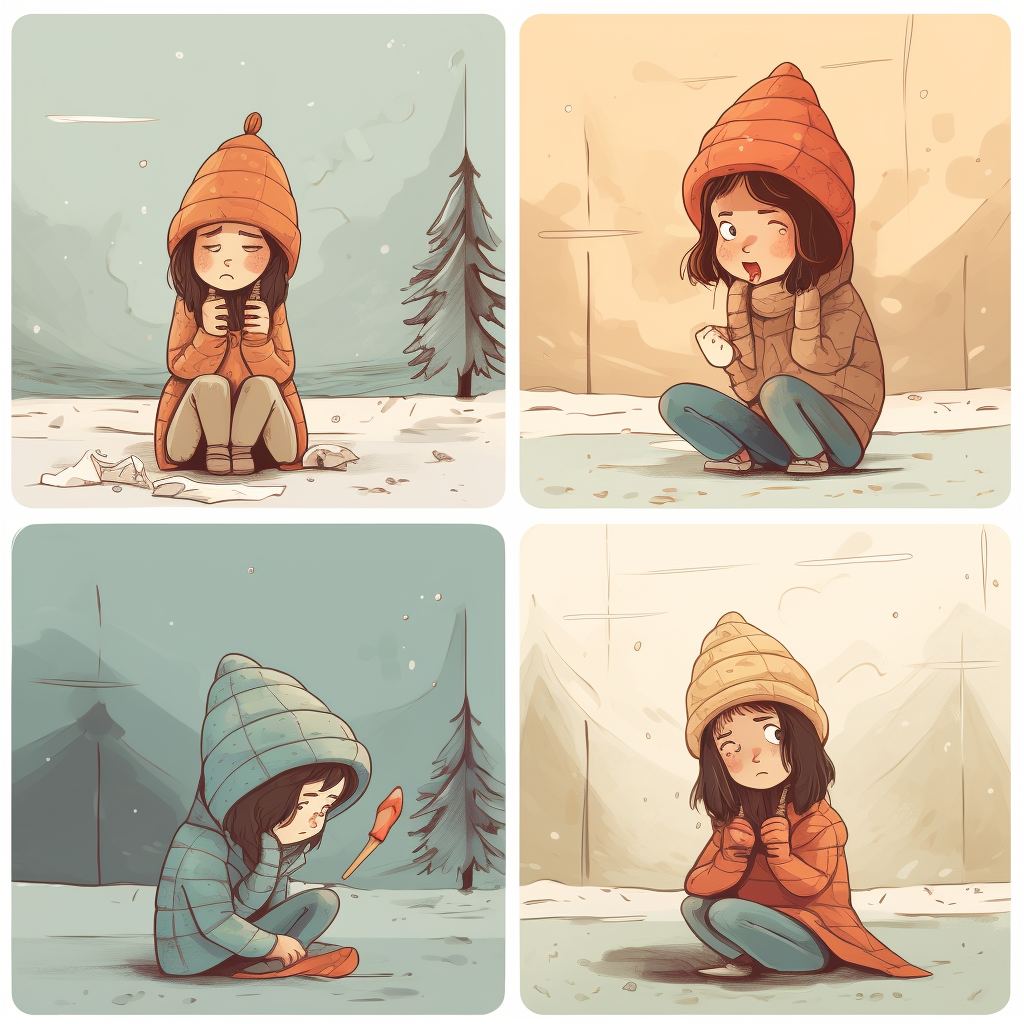 Cartoon girl with ice cream in changing seasons