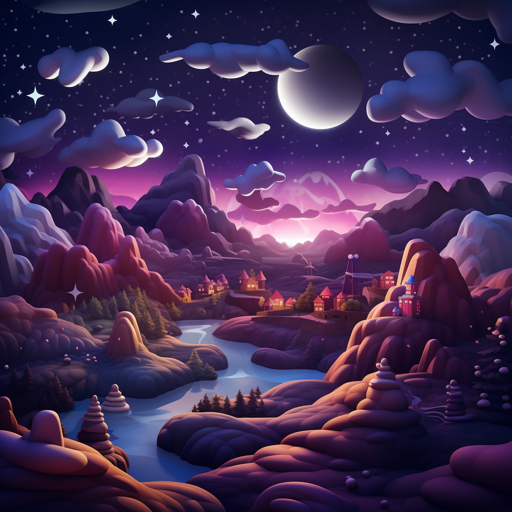 Colorful 3D cartoon hills under night sky