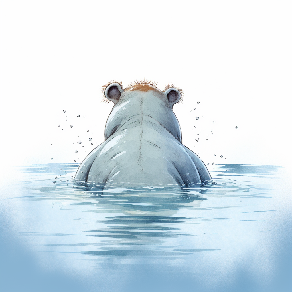 Cute cartoon hippo swimming in blue water