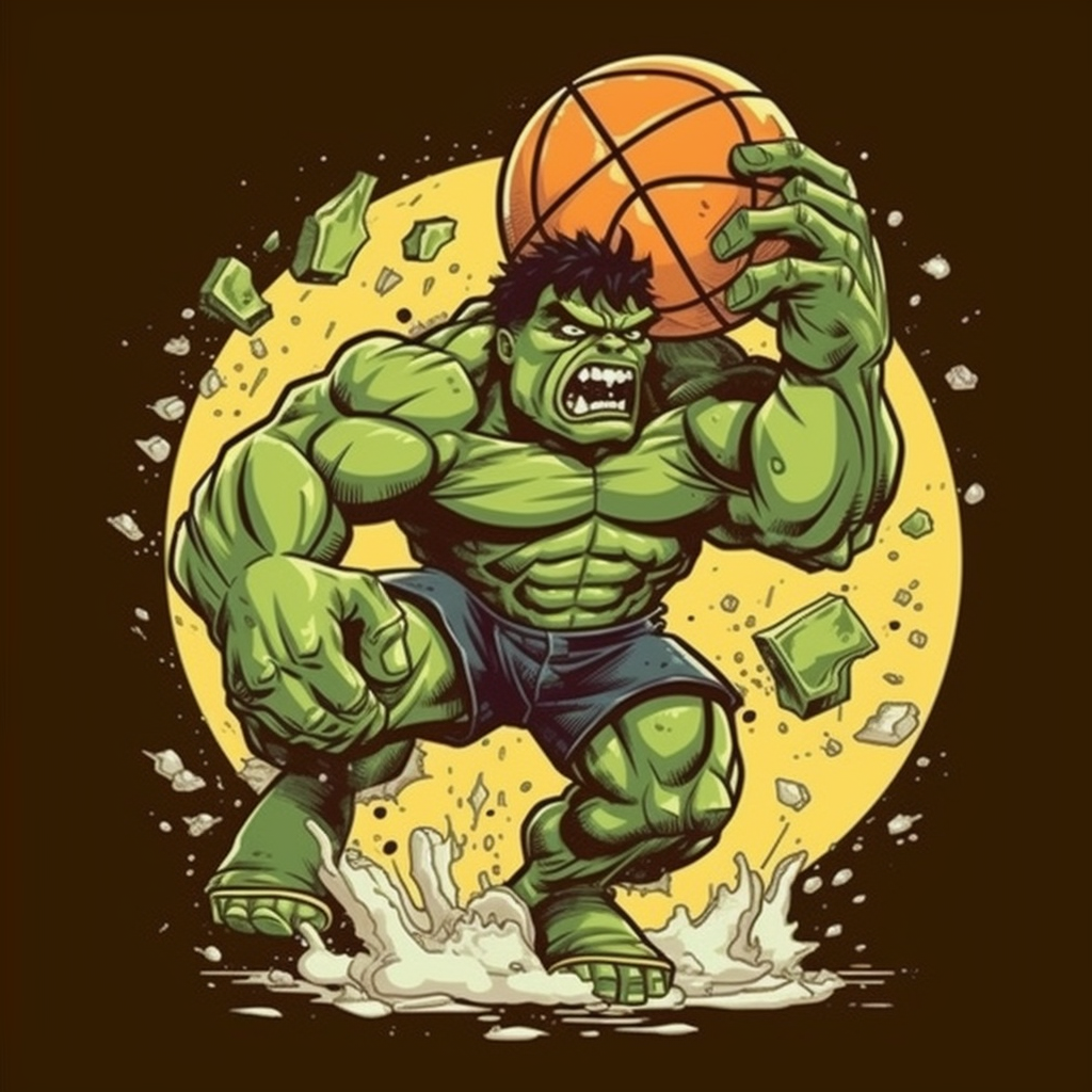 Cartoon Hulk dunking basketball