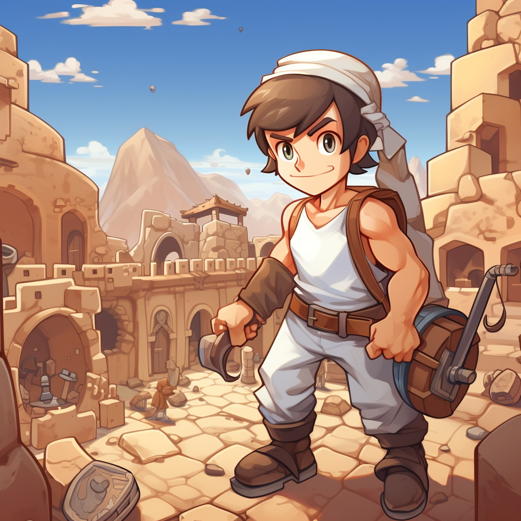 Cartoon blacksmith carrying strong hammer in desert castle town