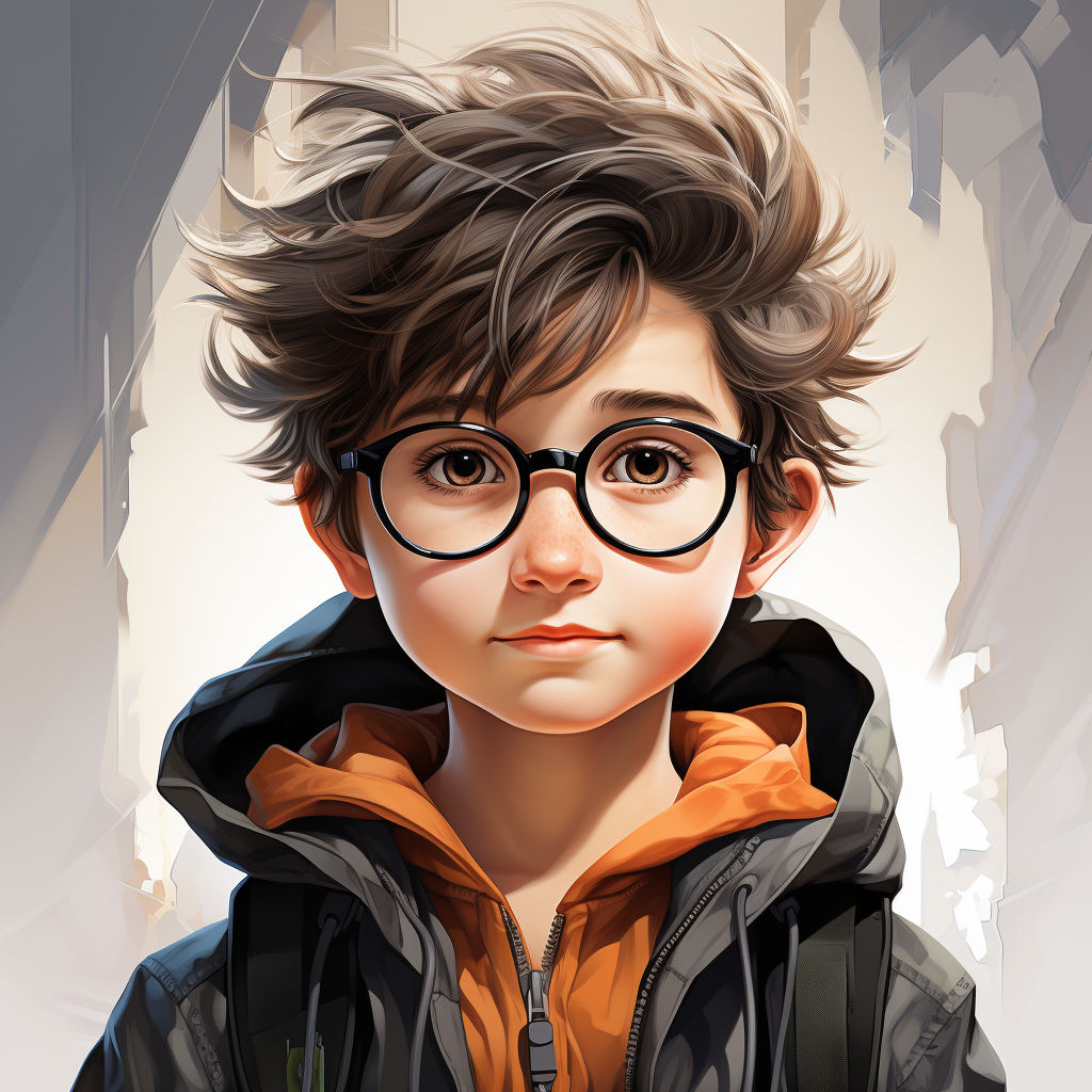 Cartoon kid with glasses and big head in hoodie