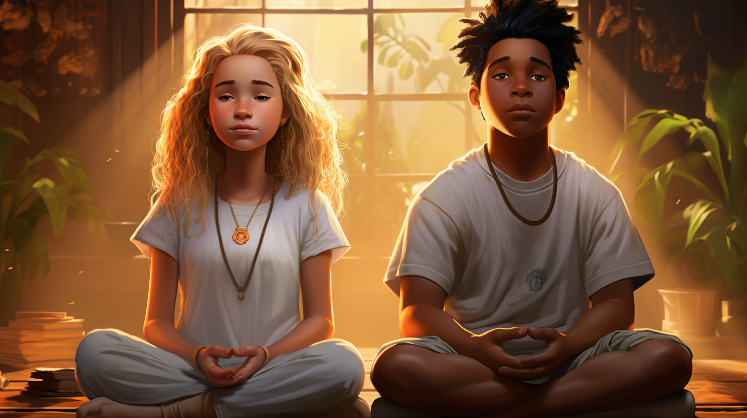 Two cartoon kids meditating peacefully