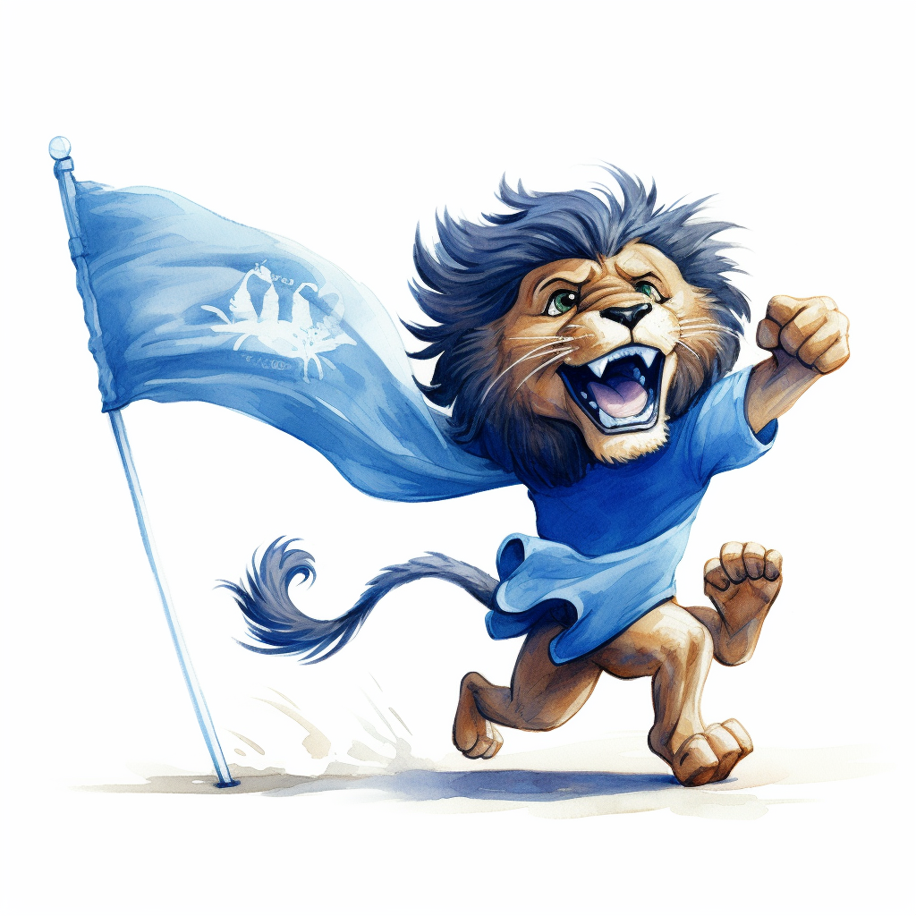 Cartoon lion running with blue flag from the back