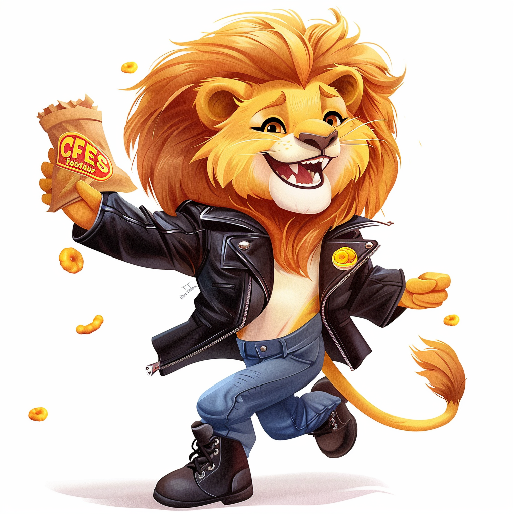 Cartoon lion with cheetos bag