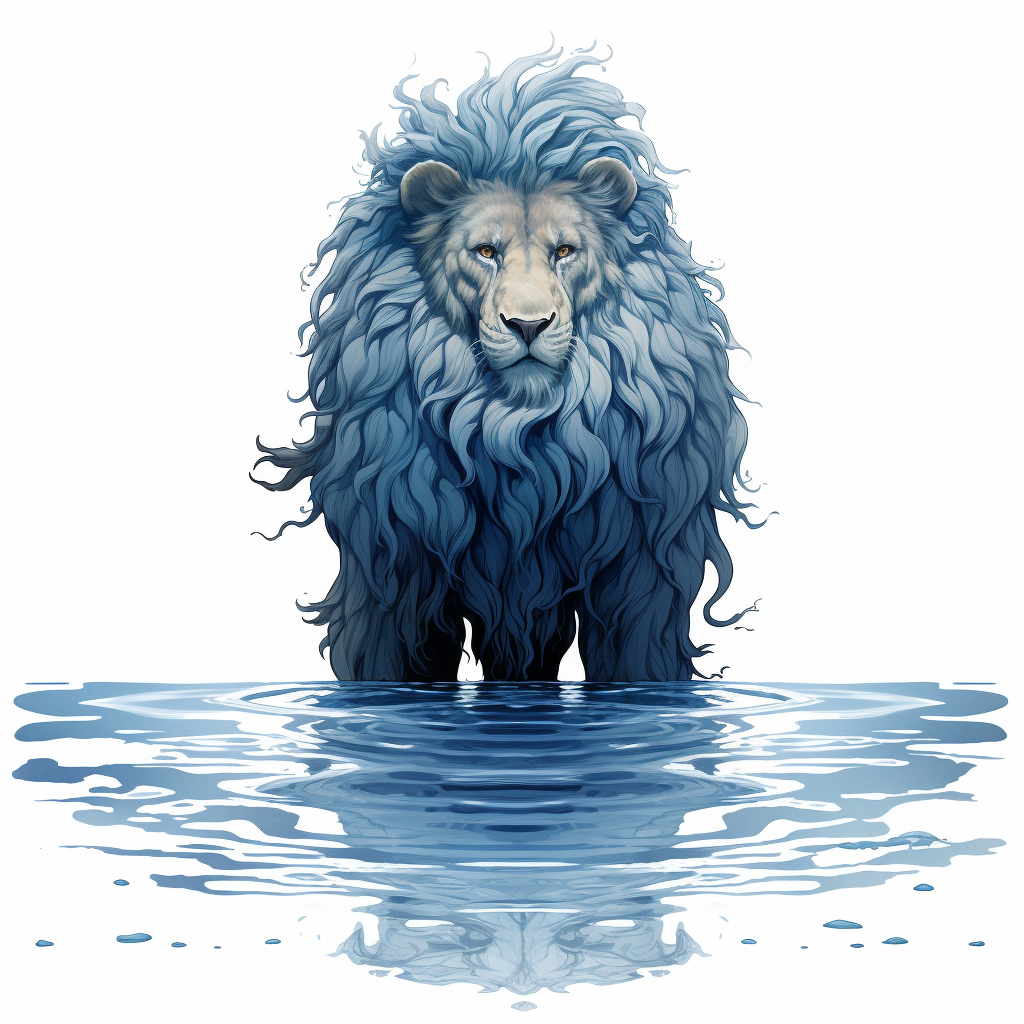 Cartoon lion in blue water