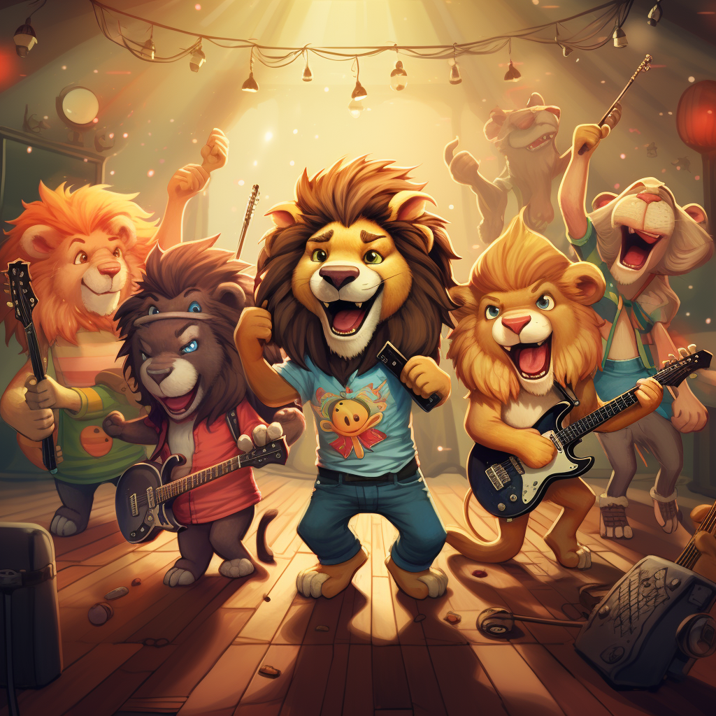 Cartoon lions dancing at party