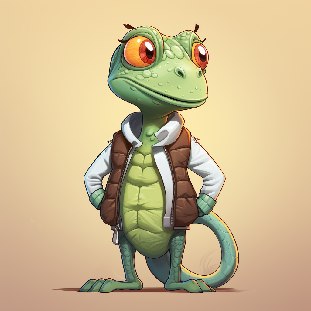 Cartoon lizard wearing puffy vest