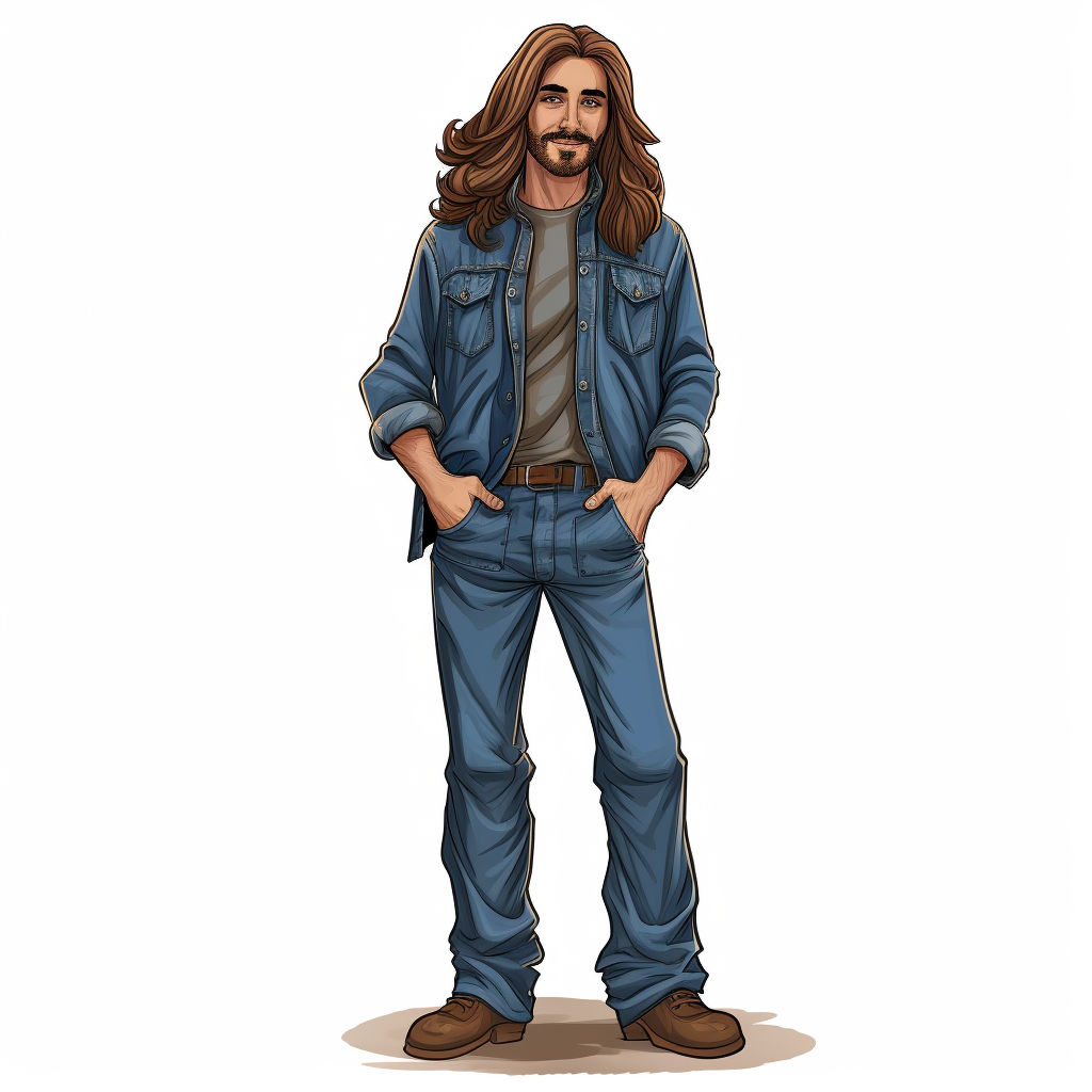 Cartoon man with long hair in denim jumpsuit