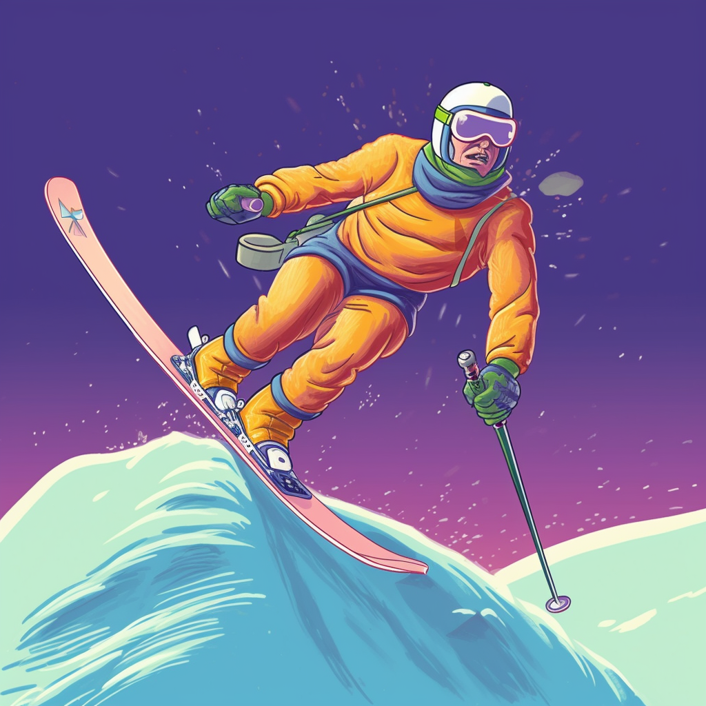 Cartoon man skiing in the snow