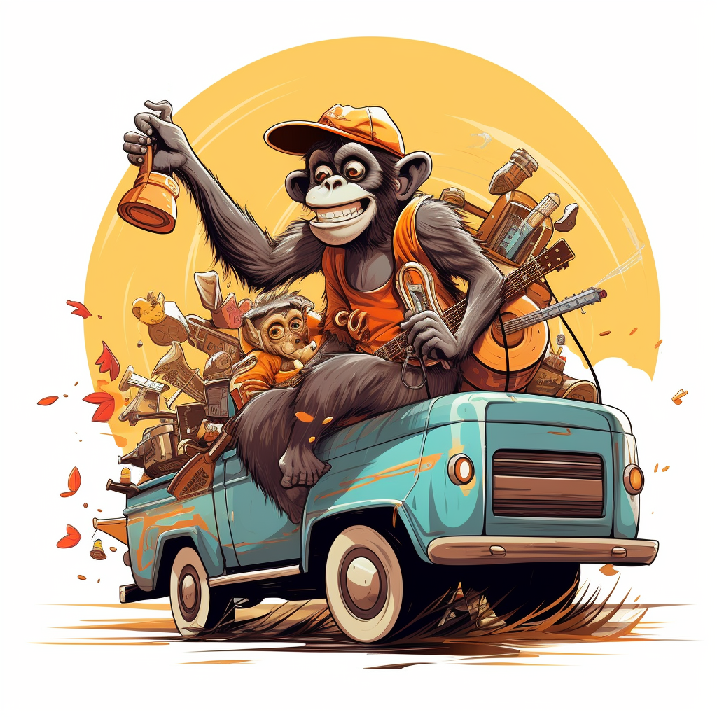 Cartoon monkey drumming on pickup truck