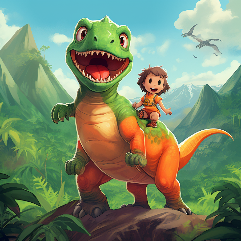 Cute cartoon monkey riding green T-rex in jungle