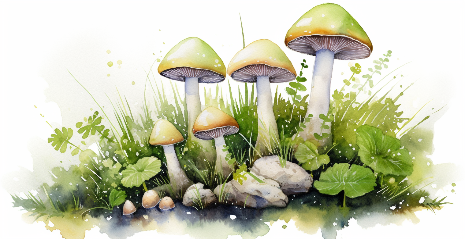 Colorful cartoon mushrooms growing in moss