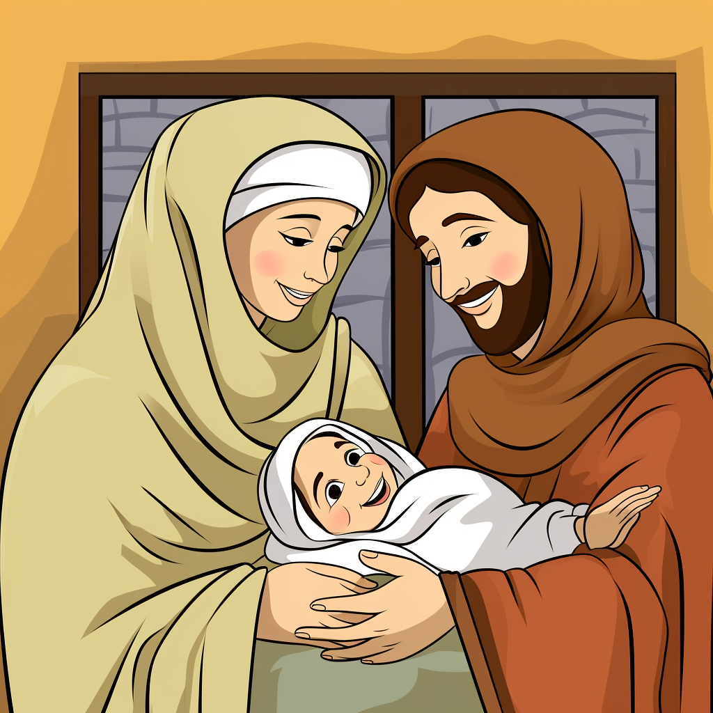 Cartoon newborn with mother wearing hijab, smiling happily