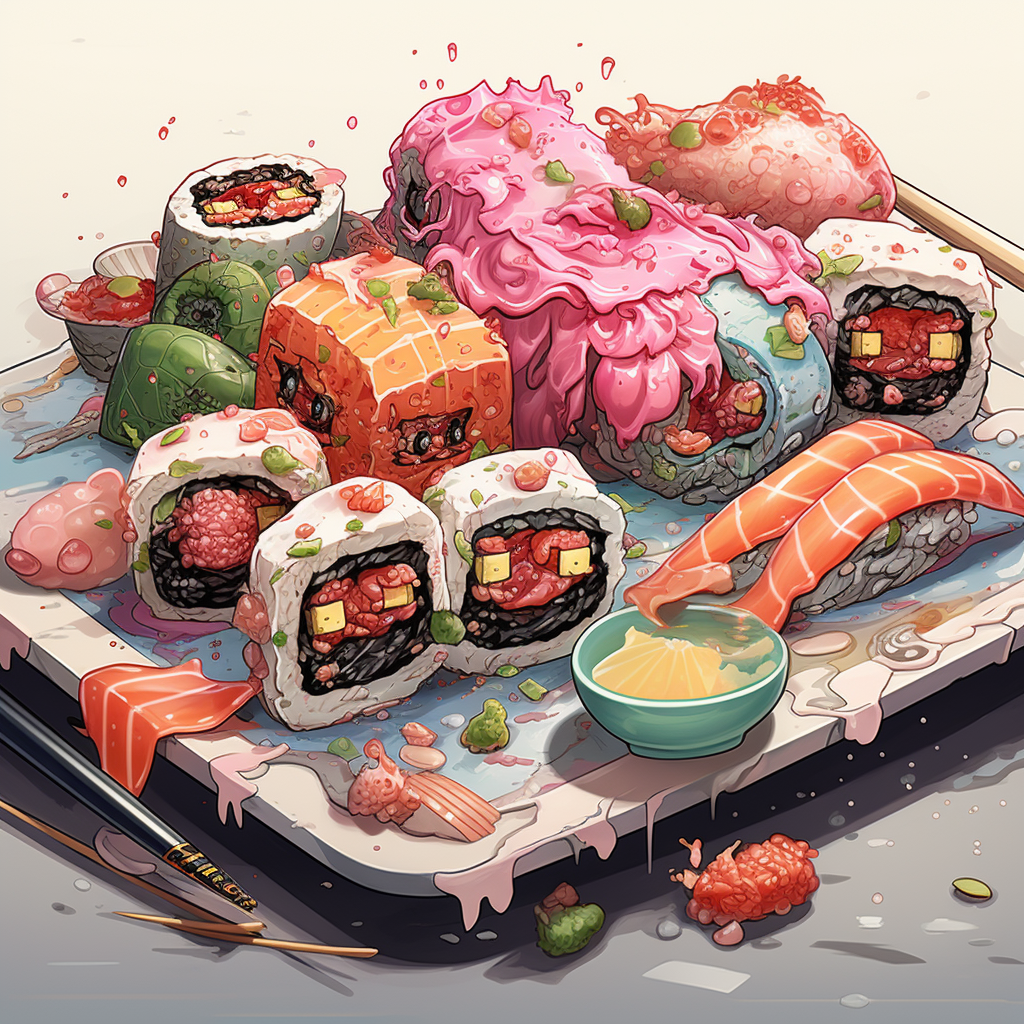 Colorful cartoon sushi with bad omens