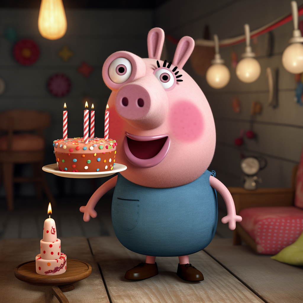 3D Cartoon Peppa Pig with Birthday Cake