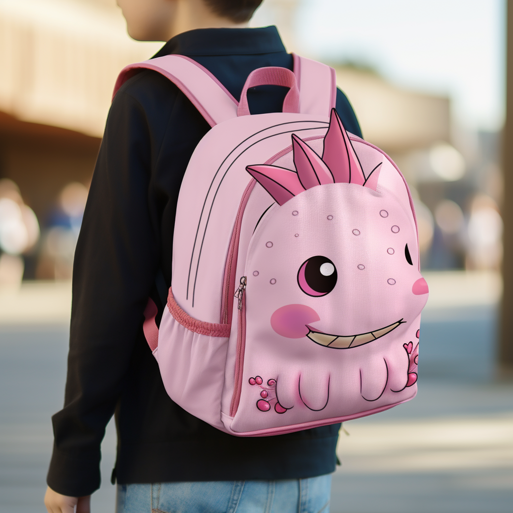 Cartoon pink axolotl with backpack