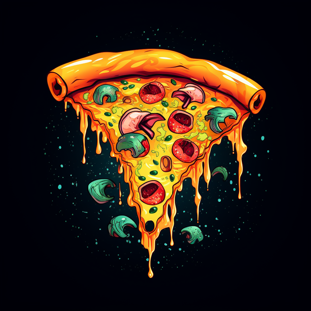 Colorful cartoon pizza slice on black background