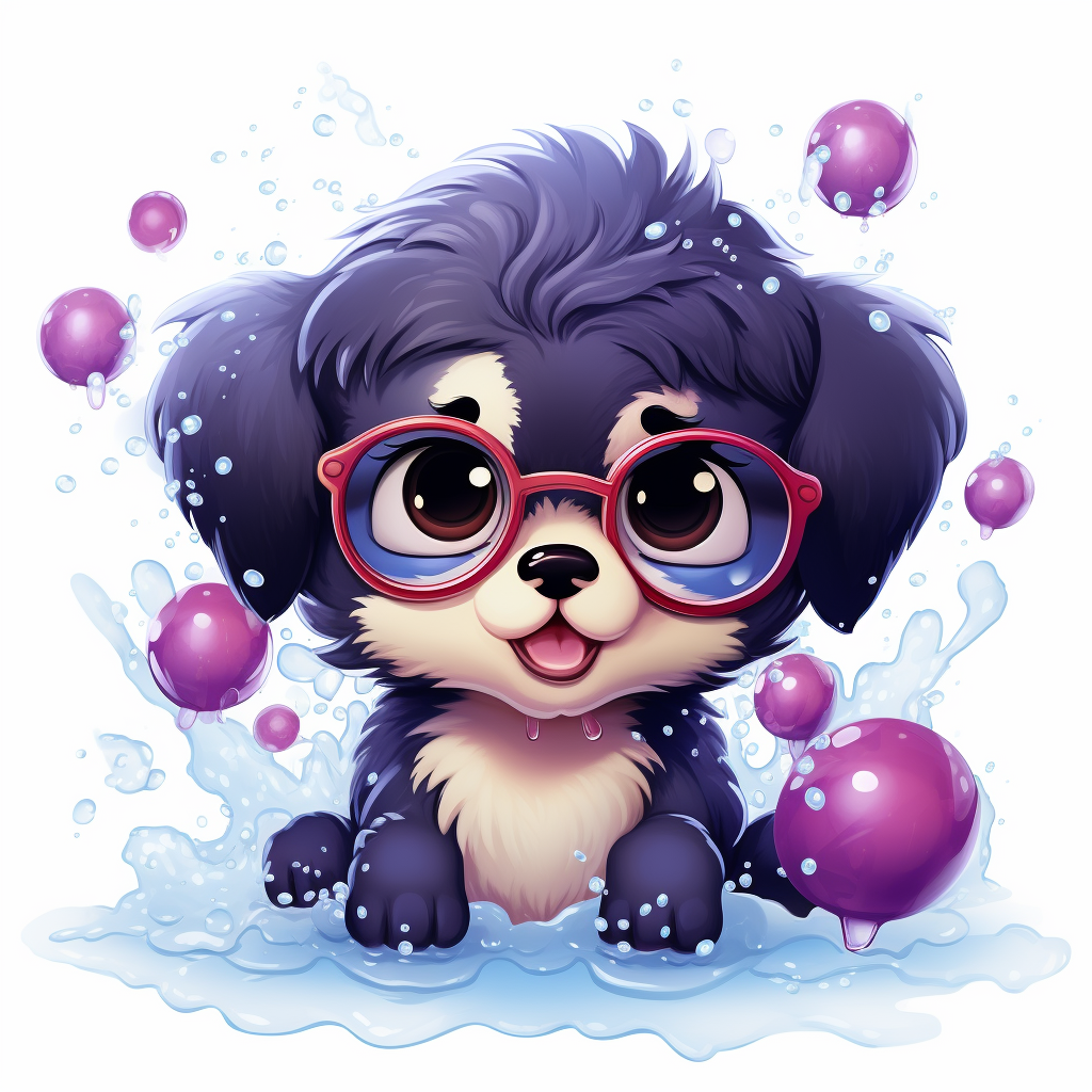 Kawaii plum fruit with bubbles and puppy