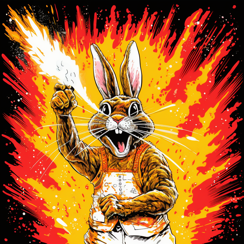 Cartoon rabbit breathing fire in old-time style