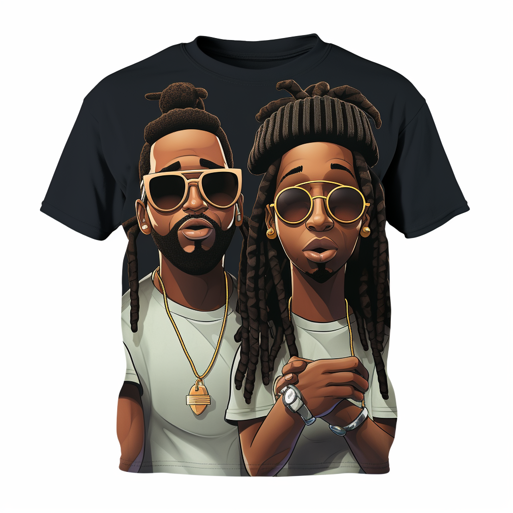 Cartoon rappers with dreads on t-shirt