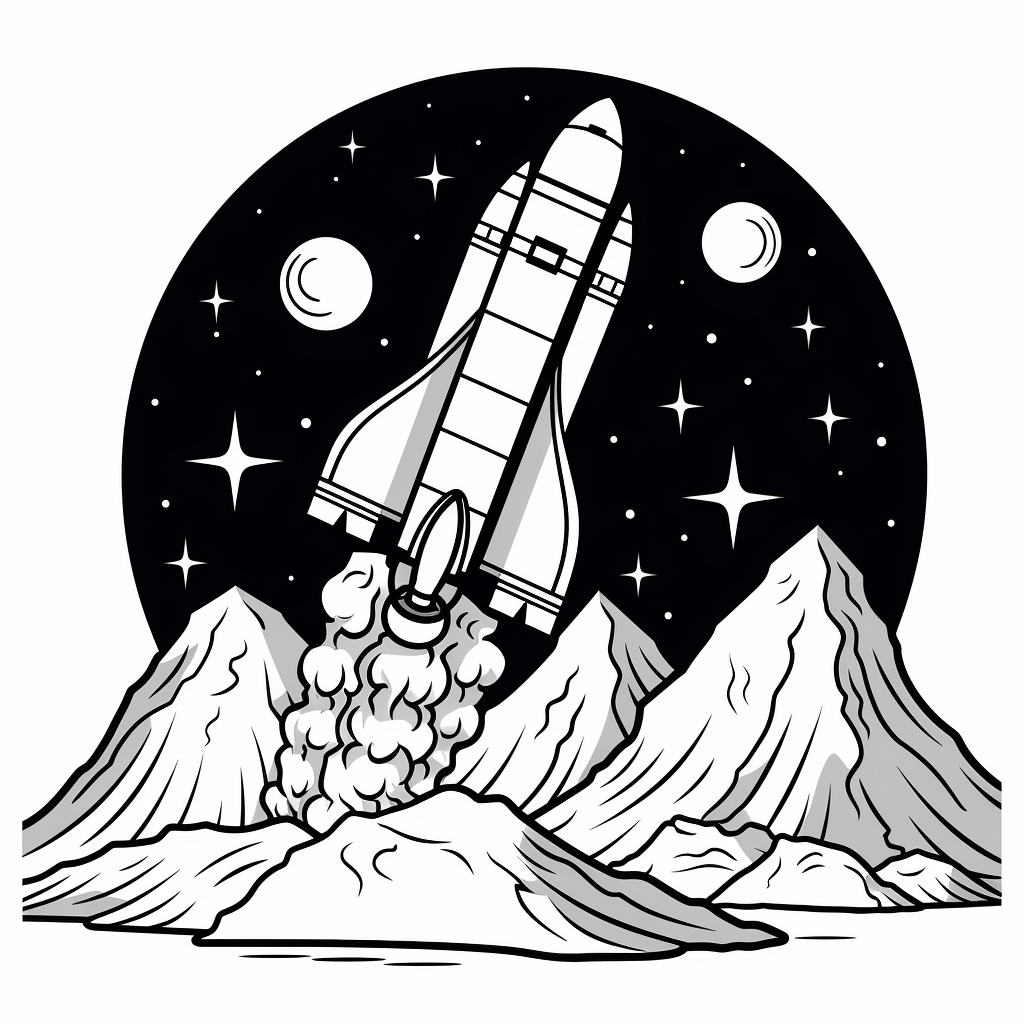 Cartoon rocket shooting towards the moon over mountains