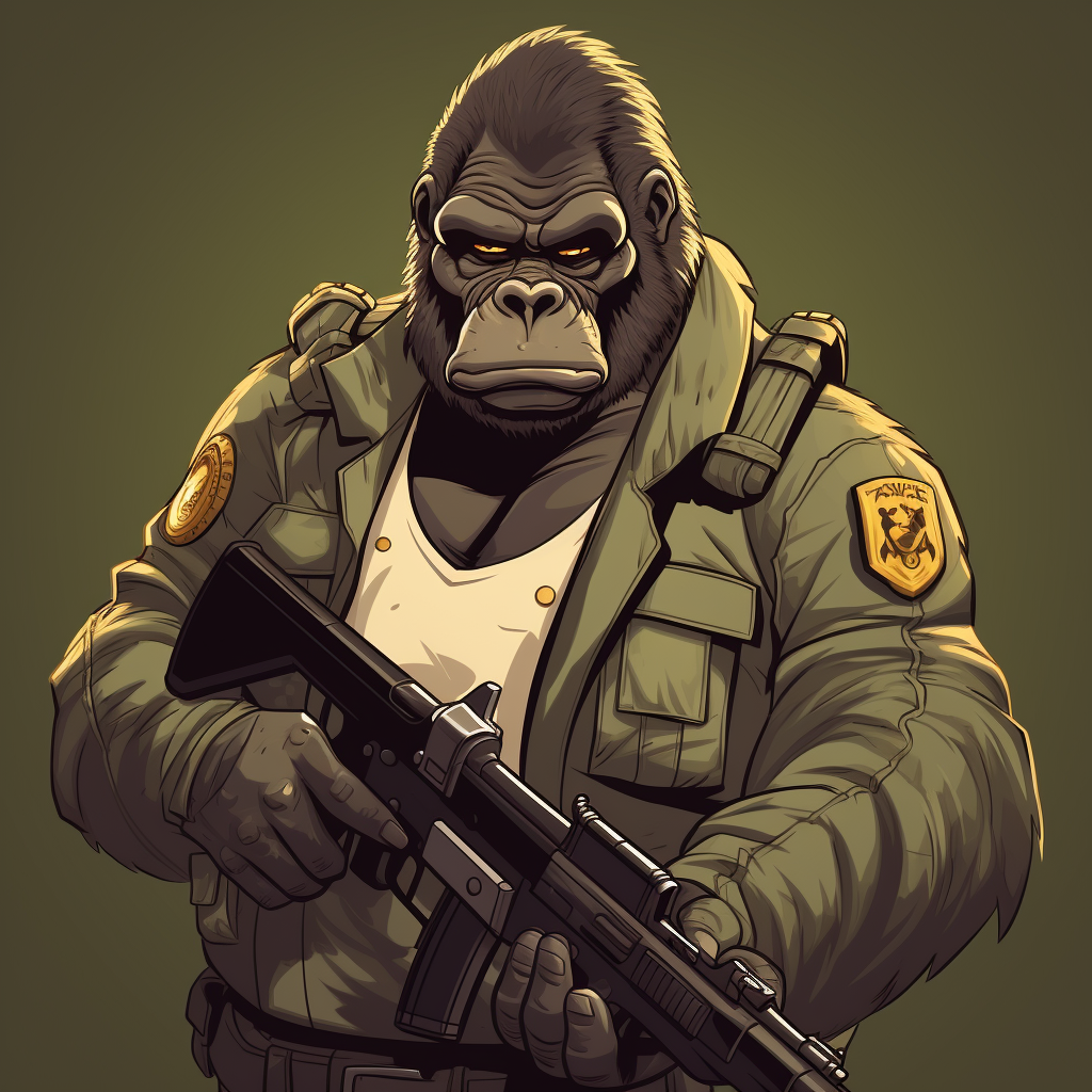 Powerful silverback gorilla with uzi and military vest