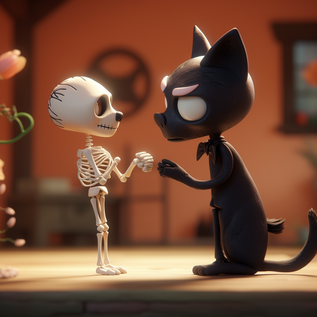 Cartoon skeleton boops black cat's nose tip