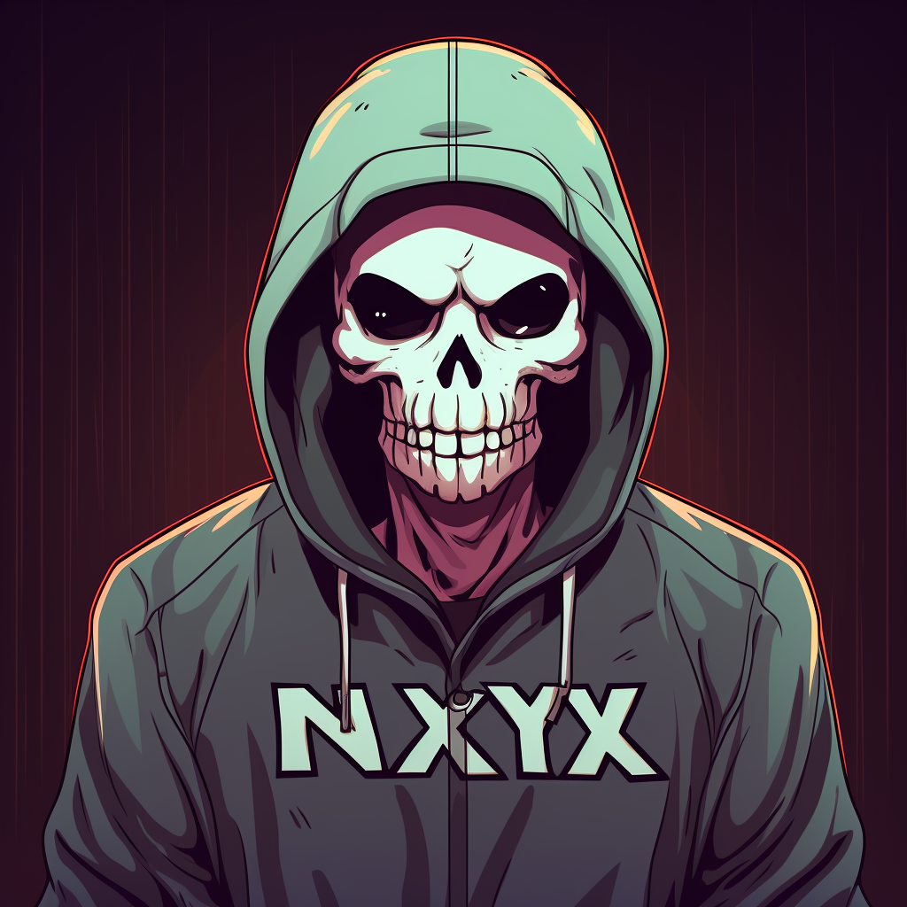 Cartoon skeleton wearing Nyx hoodie