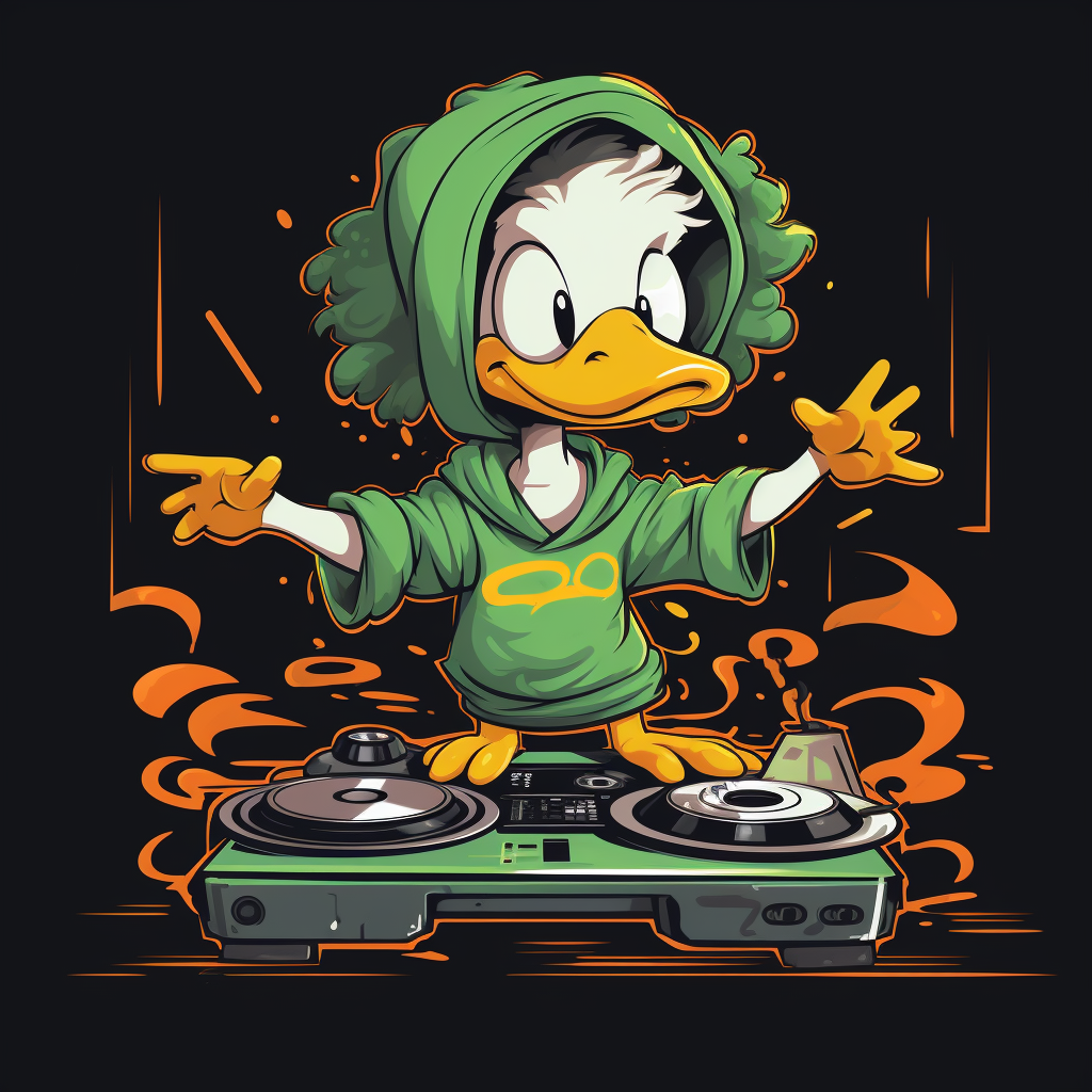 Cartoon duck DJ with oversized tshirt and pants