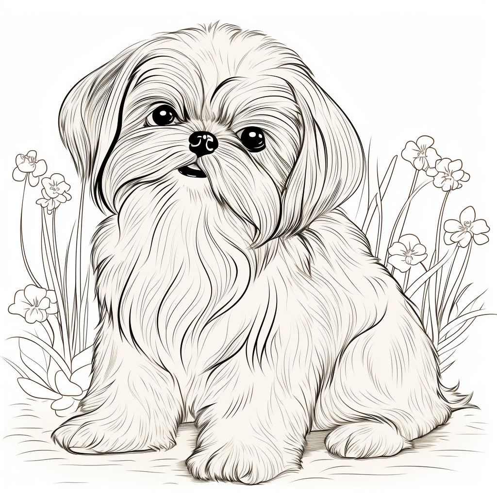 Cartoon-style kids coloring page of a Shih Tzu