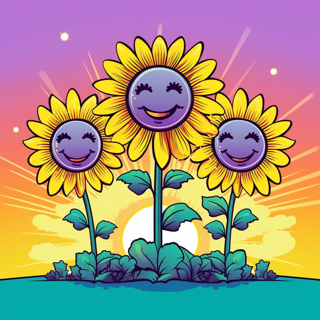 Cartoon sunflowers with happy faces and sunrise background