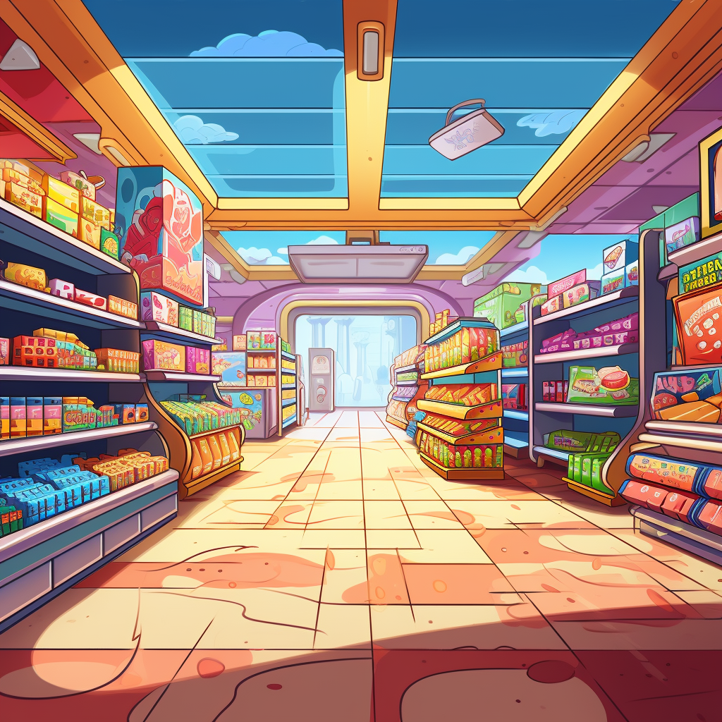 Colorful supermarket interior with cartoon characters