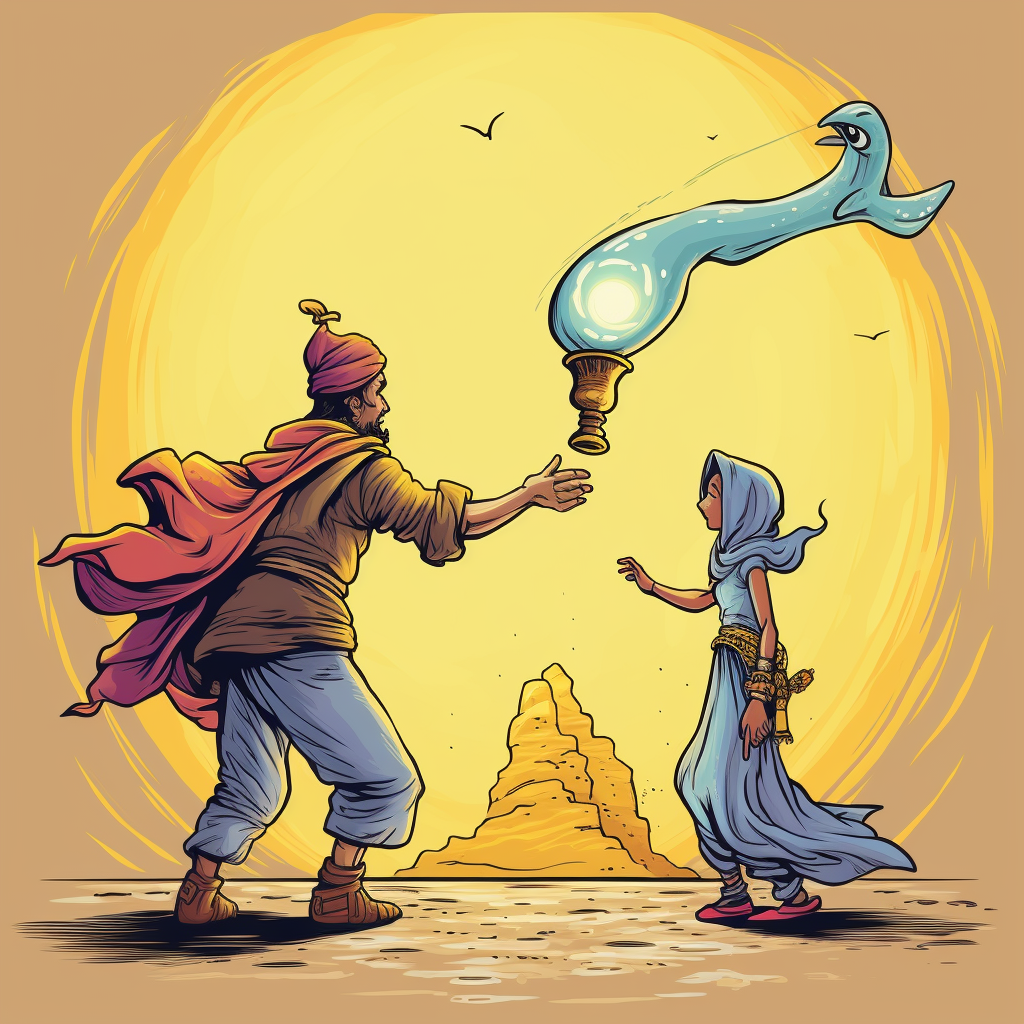 Colorful cartoon character talking to a genie