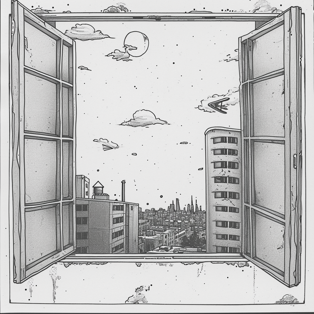 Cartoon tattoo sketch of open window and cityscape