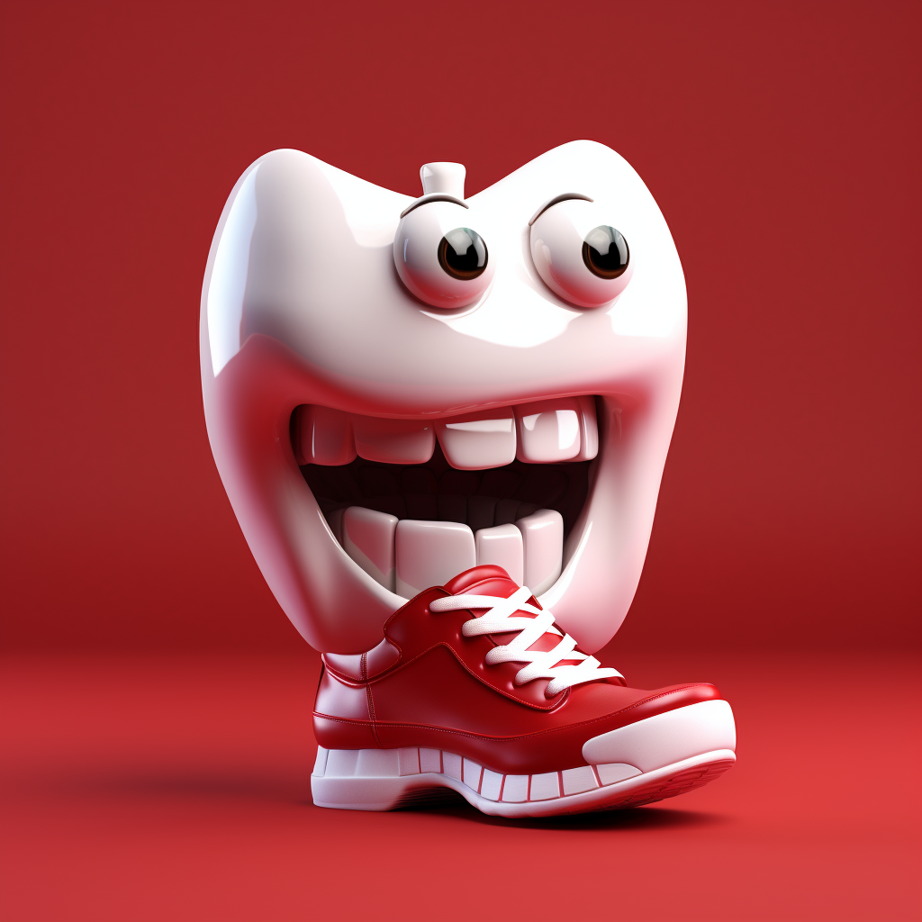 Cartoon tooth character in sneakers on dark red background