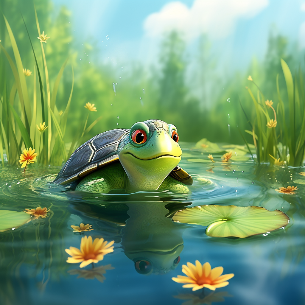 Turtle floating in pond with foliage