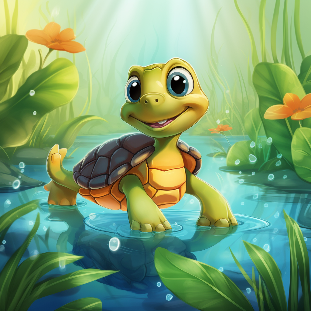 Cartoon turtle in pond with foliage