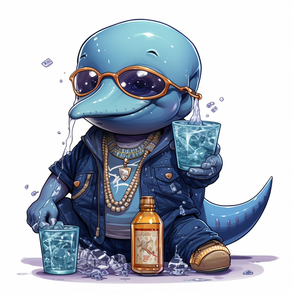 Cartoon whale with rapper jewelry and cool outfit