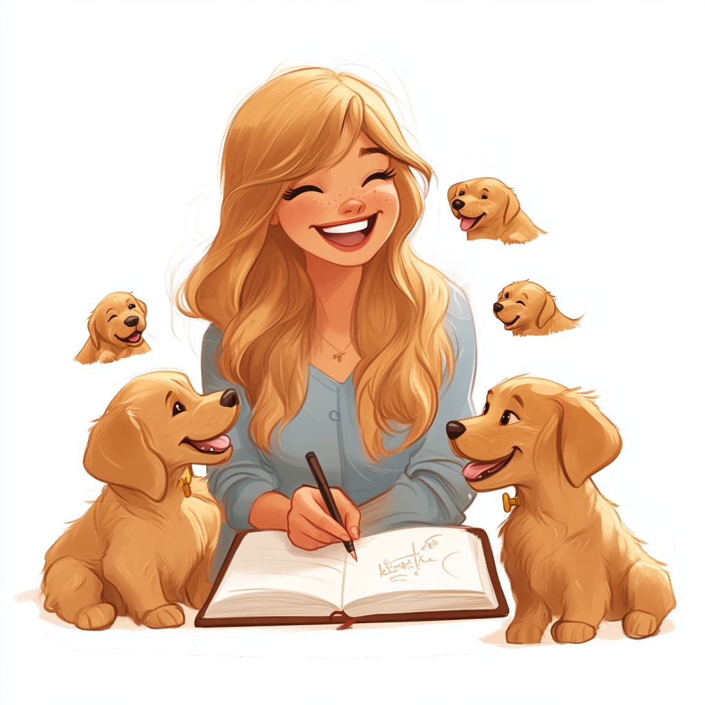 blonde woman puppies writing notebook