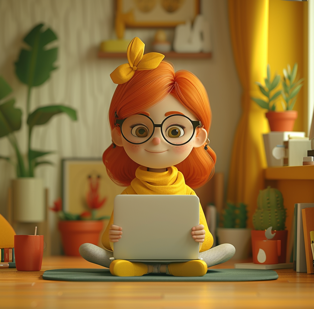 Cartoon woman with laptop on cheese and wood