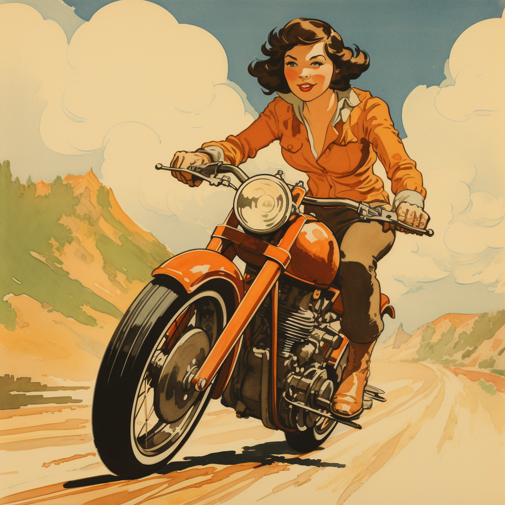 1930s cartoon woman on motorcycle