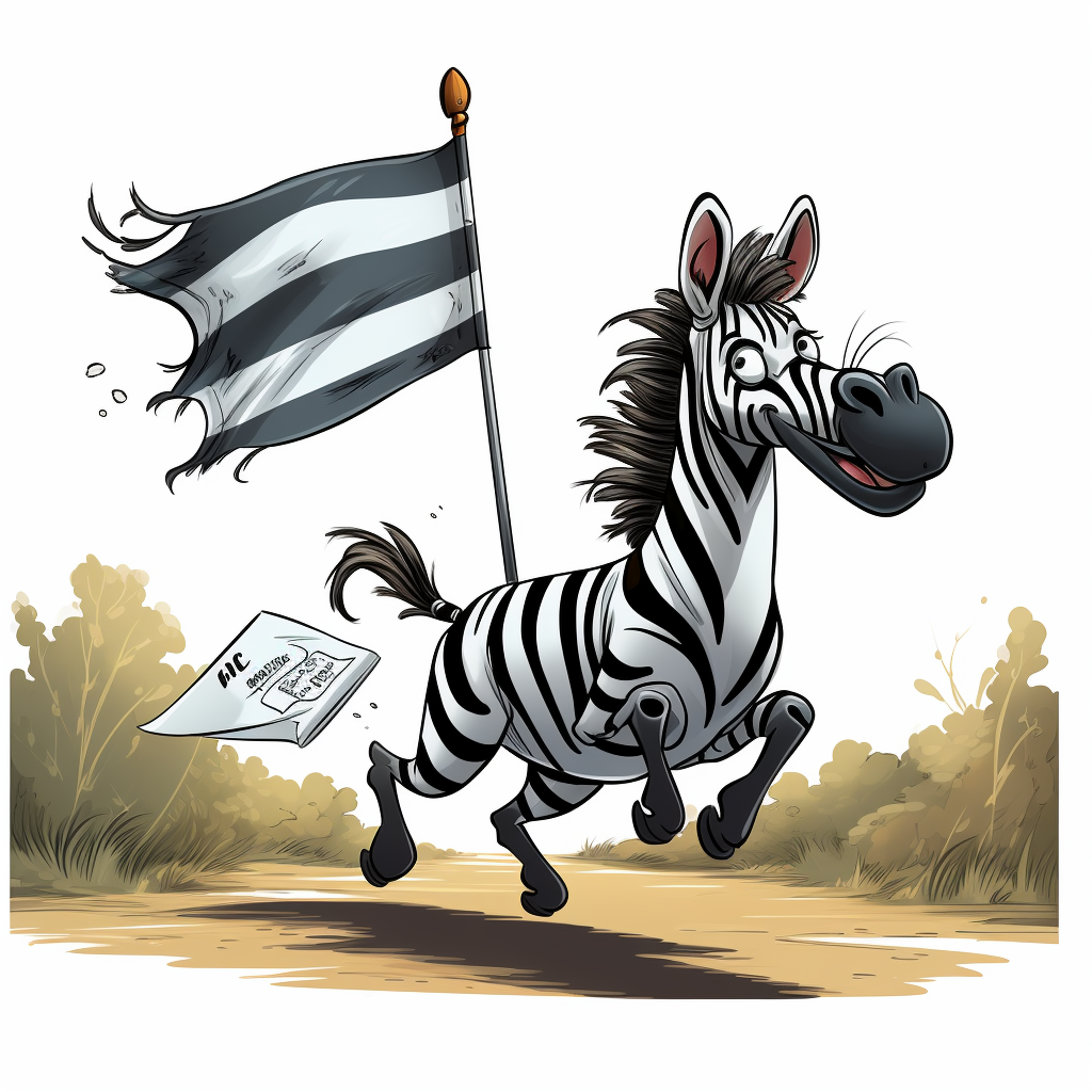 Cartoon zebra running with black flag