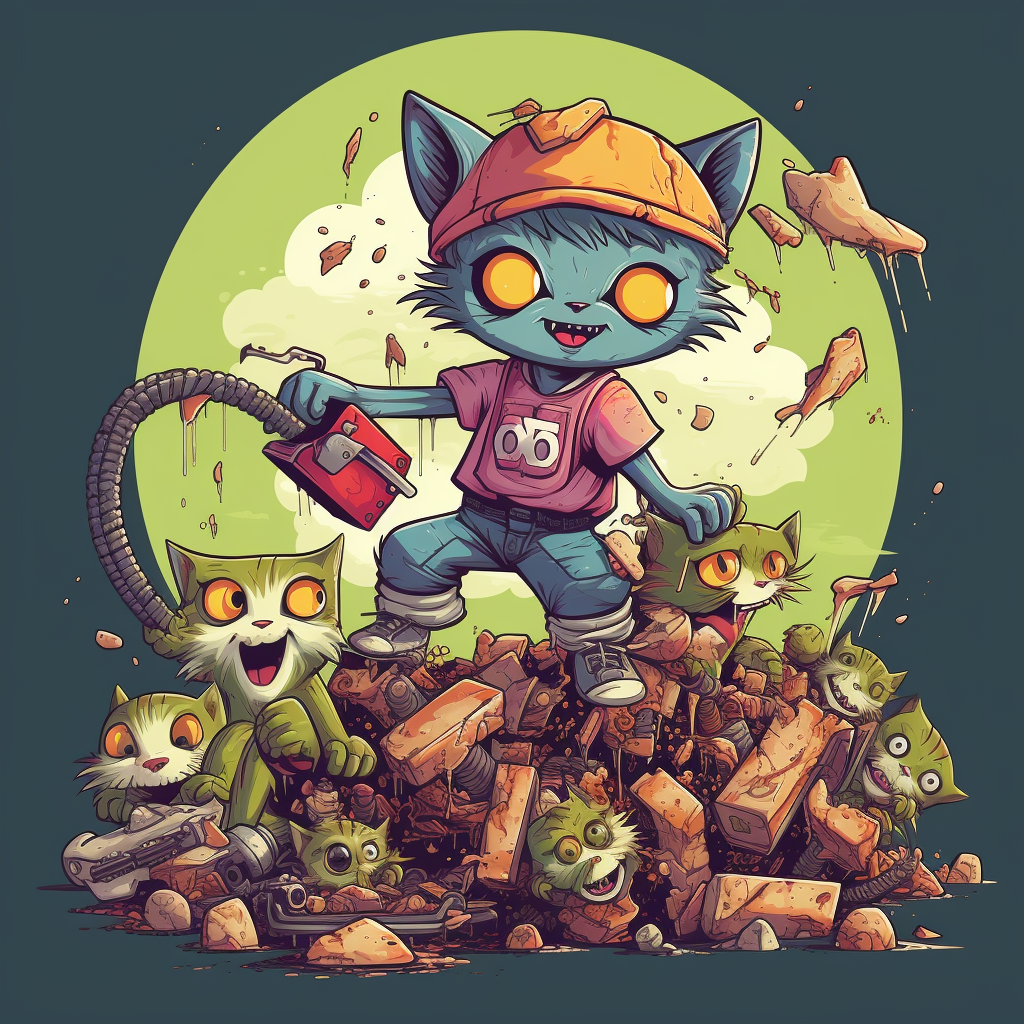 Cartoon zombie cat juggling chainsaws