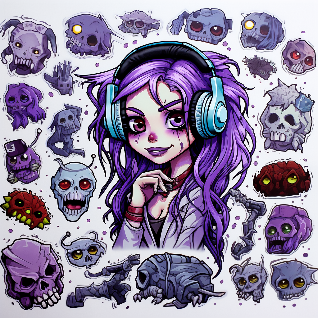 Cartoon zombie girl with purple hair wearing headphones