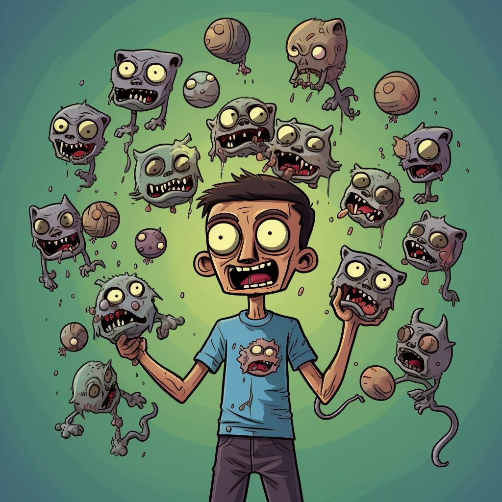 Cartoon zombie juggling cat heads