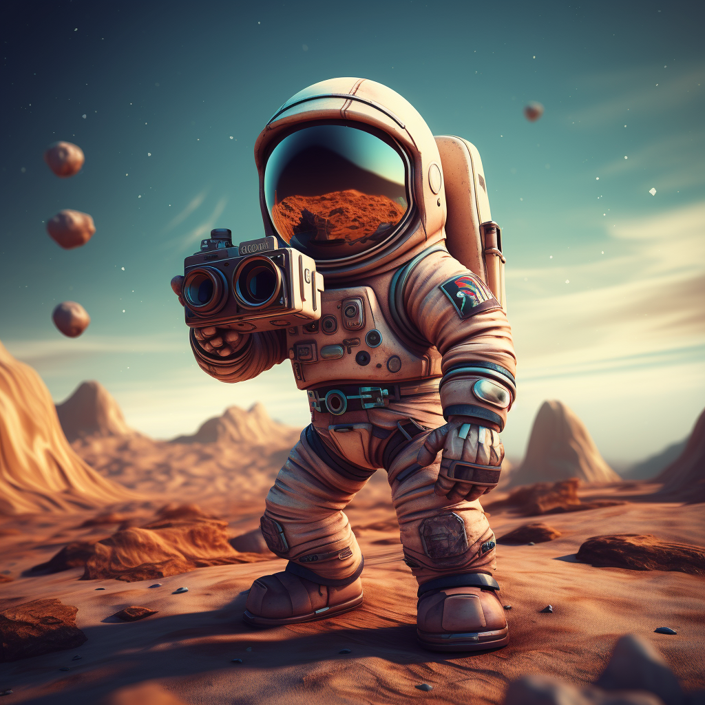 Cartoon astronaut photographer on alien planet